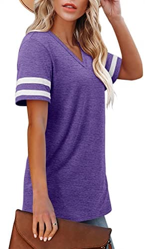 Angerella Womens T-Shirts Short Sleeve Tops Summer Casual V Neck Shirts Baseball Tees Purple L - Image 2