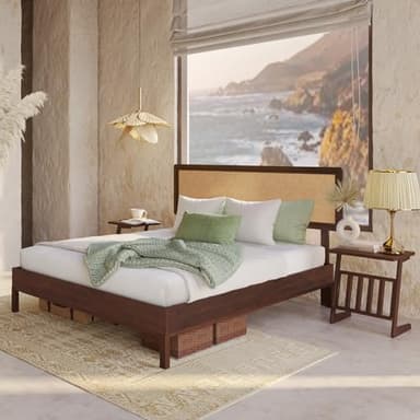 Bme Nipe Queen 14 Inch Bohemian Bed Frame with Adjustable Woven Headboard - Rustic & Vintage Unique Style with Acacia Wood - No Box Spring Needed - Easy Assembly - Walnut - Image 9