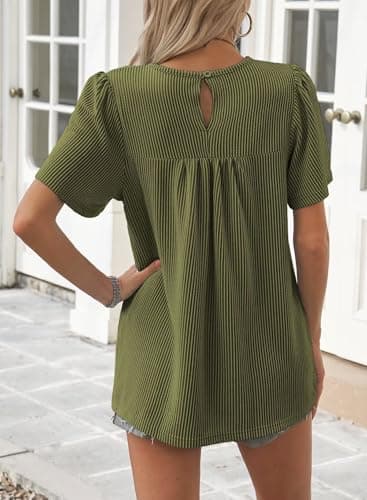 Falechay Plus Size Tops for Women Peasant Keyhole Button with Elastic Loop Dressy Casual Crewneck Flowy Blouses Striped Summer Boho Shirts Green XXL - Image 3