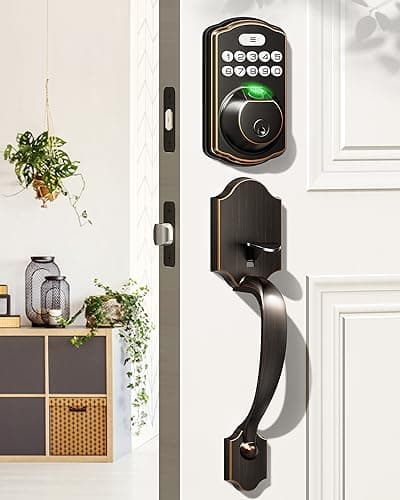 Veise Fingerprint Door Lock Set, Keyless Entry Door Lock, Front Handle Set, Electronic Keypad Deadbolt with Lever Handle, 2 Keys, Auto-Locking, One-time Codes, Easy to Install, Oil Rubbed Bronze - Image 1
