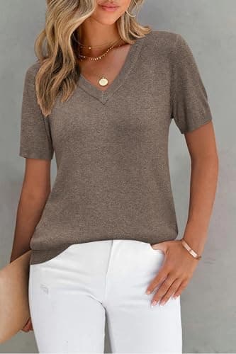 Arach&Cloz Sweater for Women 2025 Summer Fall Fashion Clothes V Neck Short Sleeve Summer Cute Tops Dressy Business Casual Trendy Teacher Outfits Cashmere Ladies Blouse Winter Shirts Coffee - Image 2