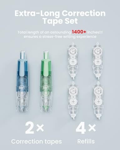 Four Candies Refillable Retractable White Correction Tape, 2PCS White Cute Smooth Push Pull Out Tape with 4 Extra Refills, Aesthetic Pen Shaped Applicator for School Office Supplies (Blue Green) - Image 3