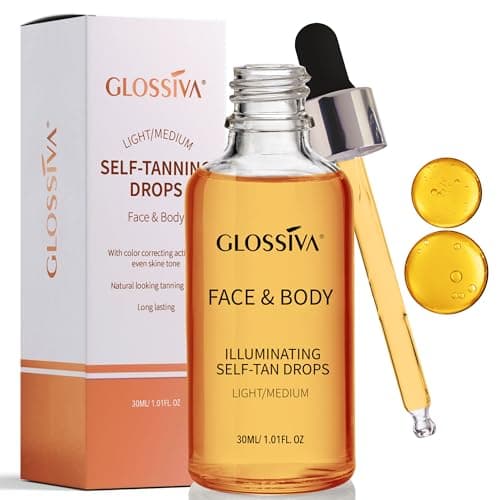 Glossiva Self Tanning Drops - Sunless Tan for a Sun-Kissed Bronze - Beauty Skin Self Tanner - Gradual Glow for Face and Body - Long-Lasting for a Week, 1.01 Fl Oz - Image 1