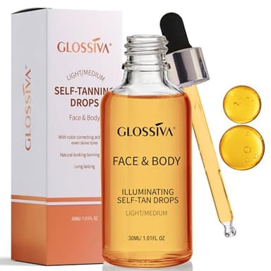 Glossiva Self Tanning Drops - Sunless Tan for a Sun-Kissed Bronze - Beauty Skin Self Tanner - Gradual Glow for Face and Body - Long-Lasting for a Week, 1.01 Fl Oz - Image 1