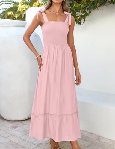 ZESICA Women's 2025 Summer Boho Spaghetti Strap Square Neck Solid Color Ruffle A Line Beach Long Maxi Dress,Pink,Medium - Image 2