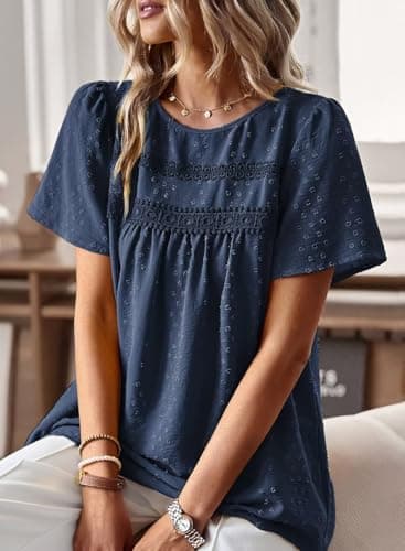 Falechay Going Out Tops for Women Tunic Top Round Neck Short Sleeve Spring Women Shirts Smocked Swiss Dot Summer Blouses Boho Clothing Plus Size XL Navy Blue - Image 2