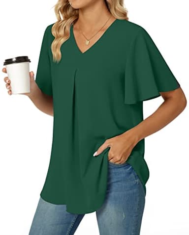 Anyally Women's Summer Dressy Chiffon Blouses V Neck Ruffle Short Sleeve Tunic Tops for Leggings Casual T-Shirts, M Dark Green - Image 3