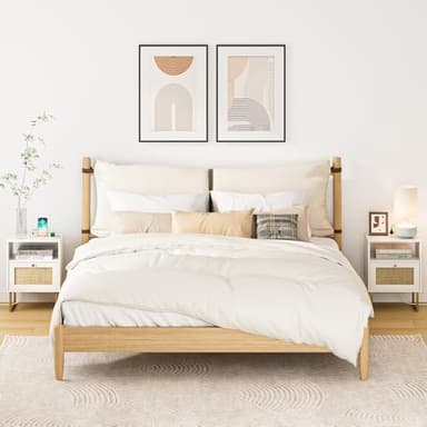 Masupu Rattan Nightstand with Charging Station,Modern Boho Farmhouse Wood Bedside Table with Storage Drawer and Open Shelf,Small Gold Frame Side End Table for Bedroom,Living Room,Office White - Image 7