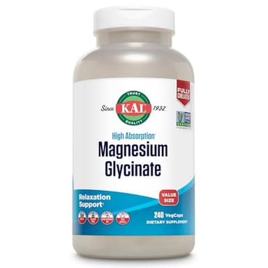 KAL Magnesium Glycinate, New & Improved Fully Chelated High Absorption Formula with BioPerine, Bisglycinate Chelate for Stress, Relaxation, Muscle & Bone Health Support, 60 Servings, 240 VegCaps - Image 1