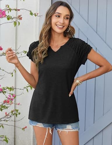 Zeagoo Summer Tops for Women 2025 V Neck T Shirts Short Sleeve Tops Dressy Casual Shirts Side Split Black L - Image 2