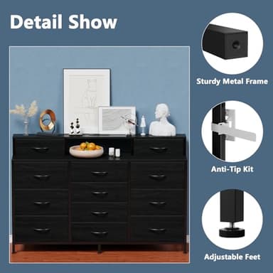 Furnulem 55" W Dresser for Bedroom with LED Lights and Power Outlets,Black Large 12 Storage Drawers Long Fabric Chests Dressers with 2 Shelves for Closet,Living Room,Entryway,Wooden Top,Metal Frame - Image 7