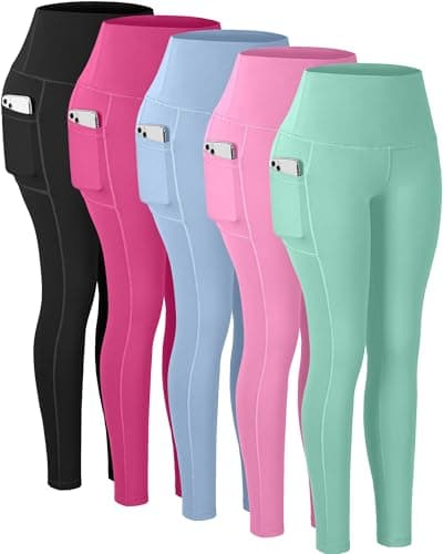 CHRLEISURE Leggings with Pockets for Women, High Waisted Tummy Control Workout Yoga Pants(5 Packs, Black,Rose,Blue,Green,Pink, 2XL) - Image 1