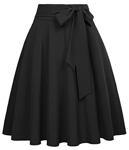 Women's High Waist A-Line Midi Skirt Pleated Pockets Skirts with Belt Black-1 Size XL - Image 1