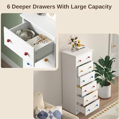 LIKIMIO Small Dresser Tall, 6 Drawer Tall Skinny Dresser with Colorful Handles, Chest of Drawers for Bedroom, 51.5" H Modern Wooden Floor Storage Cabinet with Metal Sliding Rail, White - Image 3