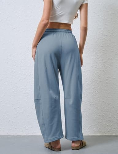 SeekMe Women's Barrel Leg Sweatpant Drawstring Elastic Waisted Wide Leg Pants Casual Cotton Palazzo Trousers with Pockets (0009-DustyBlue-S) - Image 3