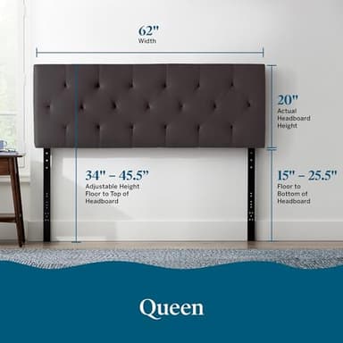 Lucid Mid-Rise Upholstered Headboard - Diamond Tufted - Padded Polyester - Adjustable Height from 34” to 46” - Easy Assembly - Bed Frame or Wall Mount - Sturdy - Charcoal - Queen Size - Image 2