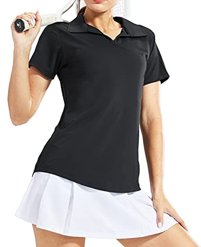 MIER Women's Golf Polo Shirts Collared V Neck Short Sleeve Tennis Shirt, Dry Fit, Moisture Wicking, Black, L - Image 1