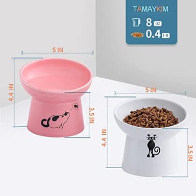 TAMAYKIM Tilted Ceramic Raised Cat Bowls, 8 OZ Food and Water Bowls Set for Kitty, 5 in Porcelain Elevated Stress Free Feeding Pet Dish, Dishwasher and Microwave Safe (White & Pink) - Image 3