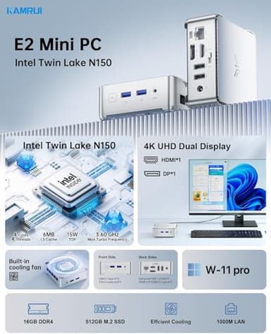 KAMRUI E2 Mini PC,11 Pro Intel Twin Lake N150 Mini Computer,16GB RAM 512GB M.2 SSD,Micro PC Support 4K Display/USB3.2/WiFi6/BT5.2/Gigabit Ethernet Mini PC Home/Office - Image 2