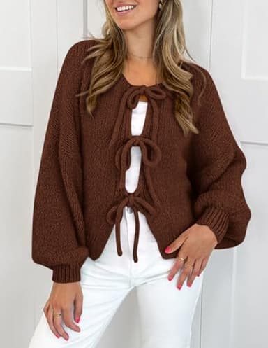 PRETTYGARDEN Women's Tie Front Bow Cardigan Sweaters Chunky Knit Long Puff Sleeve Trendy Fall Winter Jacket Coats (Caramel,Large) - Image 3