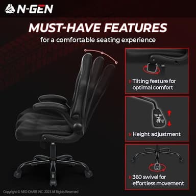 N-GEN Video Gaming Chair Ergonomic Computer Desk Office Chair with Lumbar Support Adjustable Height Swivel Wheels Flip-Up Arms PU Leather Home and Office (Black) - Image 7