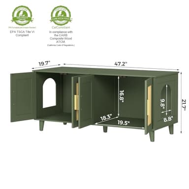 Homhedy Boho Cat Litter Box Enclosure for 2 Cats, Wooden Cat Washroom Furniture with Double Rattan Decorated Doors, Pet House,47.2”L x 19.7”W x 21.7”H, Green - Image 4