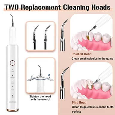 Plaque Remover for Teeth, Electric Tooth Cleaner Tartar Remover for Teeth with LED Light,4 Modes Rechargeable Teeth Cleaning Kit with Dental Tools, 2 Replaceable Heads (White A) - Image 6
