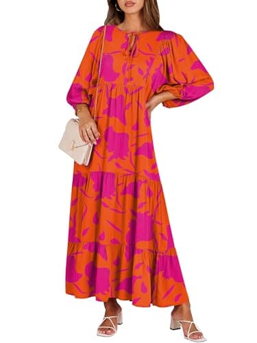 ANRABESS Womens Boho Maxi Dresses 2025 Summer V Neck Puff Sleeve Floral Flowy Swing Casual Long Dress Orange Rose Floral XX-Large - Image 1