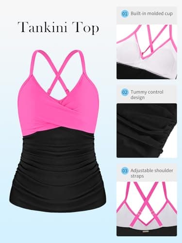 RELELCIGA Women’s Tankini Top V Neck Ruched Tummy Control Bathing Suit Top(Hot Pink+Black,S) - Image 3