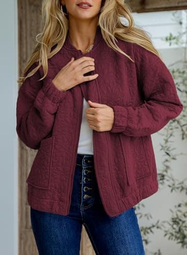EVALESS Spring Bomber Jackets for Women Dressy Casual Summer Clothes Trendy 2025 Holiday Outfits Cute Jacquard Jackets Long Sleeve Zip Up Cropped Red Jeacket Lightweight Coat with Pockets, Medium - Image 2