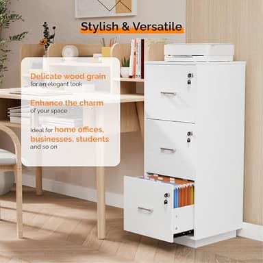 VINGLI 3 Drawer File Cabinet with Lock, Home Office Filing Organizer, for Letter Size File Folder Storage, Wood Tall Vertical Filing Cabinet, Printer Stand, Archivador (White) - Image 6
