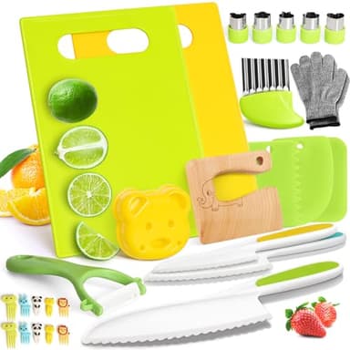 Suhctuptx 28PCS Toddler Knife Set - Kids Knifes for Real Cooking, Wooden Kids Kitchen Knife Set with Gloves Cutting Board Crinkle Cutters Kid Safe Knives, Toddlers Kitchen Tools - Image 1