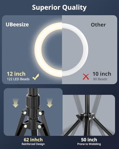 UBeesize 12" Selfie Ring Light with Stand and Overhead Camera Mount, 62" Foldable Tripod for iPhone with Ringlight, Phone Light for Video Recording,Cooking,Photography,Live Streaming,Tiktok,YouTube - Image 6
