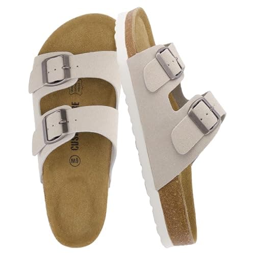 CUSHIONAIRE Lane Cork Footbed Sandals for Women – Comfortable Double Buckle Slip-On with Genuine Suede Footbed & Arch Support Slides for Women Footwear, STONE 10 - Image 1