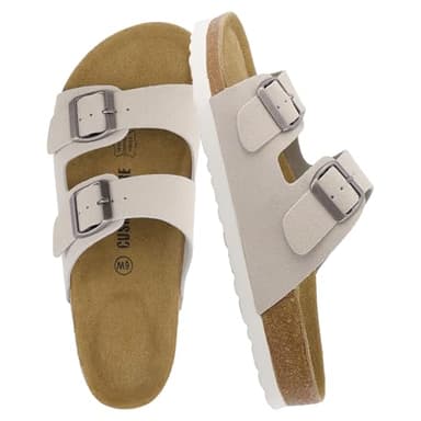 CUSHIONAIRE Lane Cork Footbed Sandals for Women – Comfortable Double Buckle Slip-On with Genuine Suede Footbed & Arch Support Slides for Women Footwear, STONE 10 - Image 1