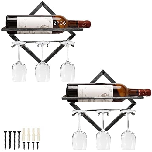 AUHOKY 2Pcs Metal Wall Mounted Wine Holder Stemware Glass Rack, Vintage Silver Hanging Red Wine Racks Organizer with 3 Stem Glass Holders, Wine Bottle Display Hanger for Home Kitchen Bar Decor - Image 1