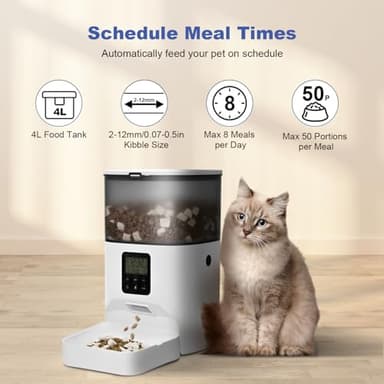 Automatic Cat Feeder, 4L Cat Food Dispenser with 10s Voice Recorder, Pet Feeder up to 8 Meals per Day, Timed Dog Feeder with Dry Food Sealed Ring (White, 4L-Basic) - Image 2