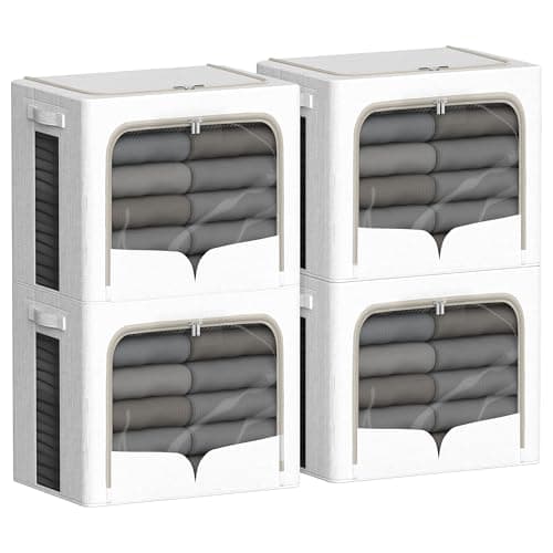 4 Pack Clothes Storage Bins with Metal Frame Clothing Storage Bins with Lid Linen Fabric Storage Box With Clear Window& Zippers& Durable Handles (Large- 42L, Count, 4) - Image 1