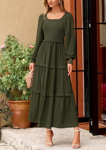 PRETTYGARDEN Fall Dresses for Women 2025 Long Sleeve Smocked Square Neck Swiss Dot Tiered Flowy Wedding Guest Maxi Dress (Army Green,Large) - Image 6