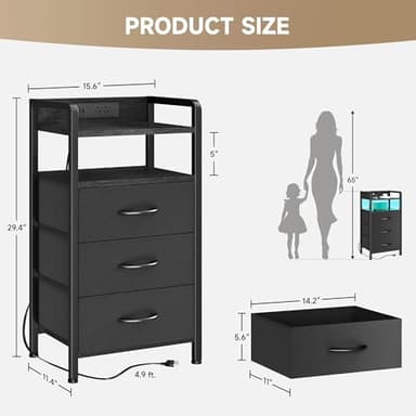 Lazzanto Night Stand Bedside Charger Bedroom - Nightstand with Charging Station & LED Light Strip, Night Stand with Storage Shelf & 3 Fabric Drawers, Morden End Table with U-S-B Ports & AC Outlets - Image 3