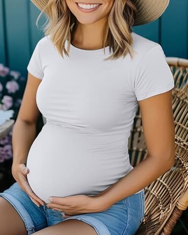 Huukeay 4 Pack Women's Maternity Shirts, Crew Neck Maternity Top Short Sleeve Casual Cotton Tee Side Ruched Pregnancy Clothes(Black, White, Coffee, Army Green,Large) - Image 5