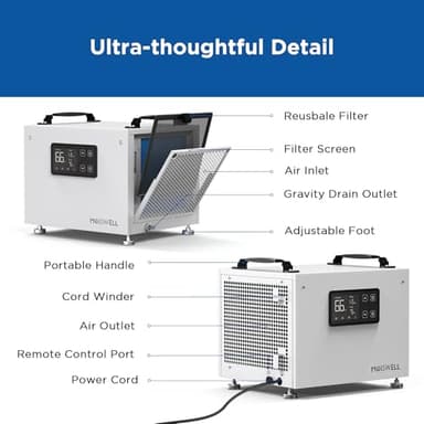 Moiswell 70 Pints Commercial Dehumidifier, Portable Crawl Space Dehumidifier for Basement Energy Star Certified Compact Dehumidifiers for Home with Drain Hose, Auto Defrost, Timer - Image 7