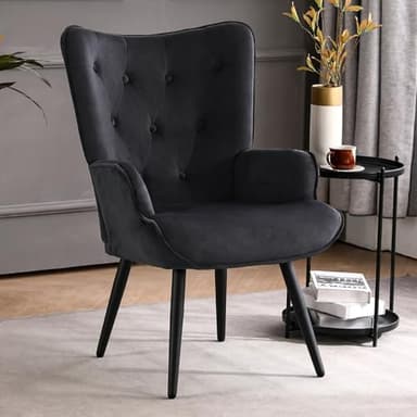 Furniliving Velvet Accent Chair Modern Upholstered Side Armchair with Tapered Legs Tufted Button Wingback Sofa Chairs Tall Back Reading for Living Room Bedroom Waiting Room, Black - Image 1