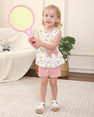YUEMION Toddler Girl Clothes, 2Pcs Baby Girl Summer Outfits Sleeveless Bow Knot Tank Shirts Tops + Shorts Clothing Sets(Butterflies+ Pink, 4-5T) - Image 2