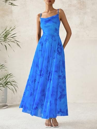 BTFBM Women Summer Floral Maxi Dresses Elegant Spaghetti Strap Dress Printed Party Dress Beach Long Dresses(Floral Blue,Small) - Image 6