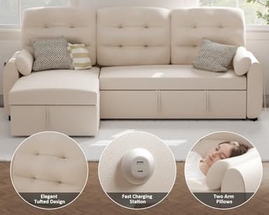 Ucloveria Sectional Sofa Couch, 87" Sleeper Sofa Bed with Reversible Storage Chaise Pull Out Couch for Living Room | Side Pocket | Charging Station | Removable Backrest | Linen Fabric, Beige - Image 5