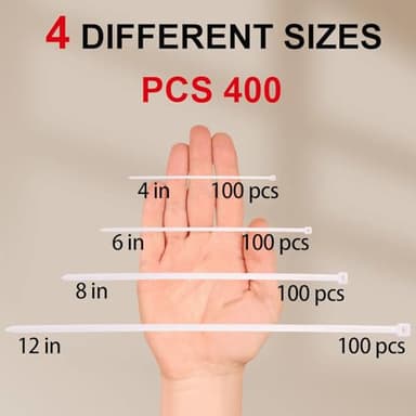 Zip Ties Assorted Sizes 4+6+8+12 Inch, 400 Pack, White Cable Ties for Multi-Purpose, Nylon/Plastic Wire Ties for Home Improvement, Office & Outdoor Use (Clear-Colored Style). - Image 2