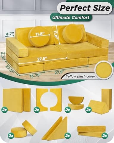 Lunix LX15 14pcs Modular Kids Play Couch, Child Sectional Sofa, Fortplay Bedroom and Playroom Furniture for Toddlers, Convertible Foam and Floor Cushion for Boys and Girls, Yellow - Image 2