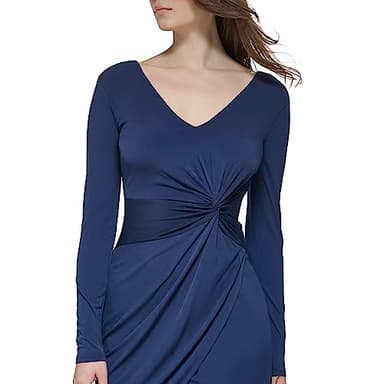 GUESS Women's Knot Detail Fitted Long Sleeve V-Neck Dress, Navy, 14 - Image 4