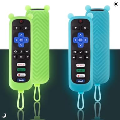 2 Pack Cute Roku Remote Cover - Silicone Protective Case for Roku TV TCL - Anti Slip Remote Sleeve Glow in The Dark (Glow Green + Glow Blue) - Image 1